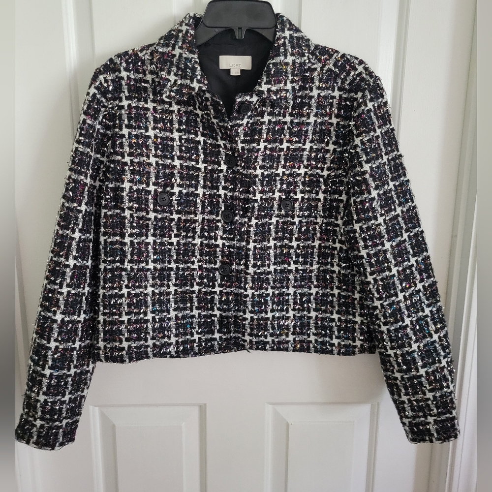 Loft Women's Black White Multi-Color Shimmer Tweed Cropped Jacket Size Small